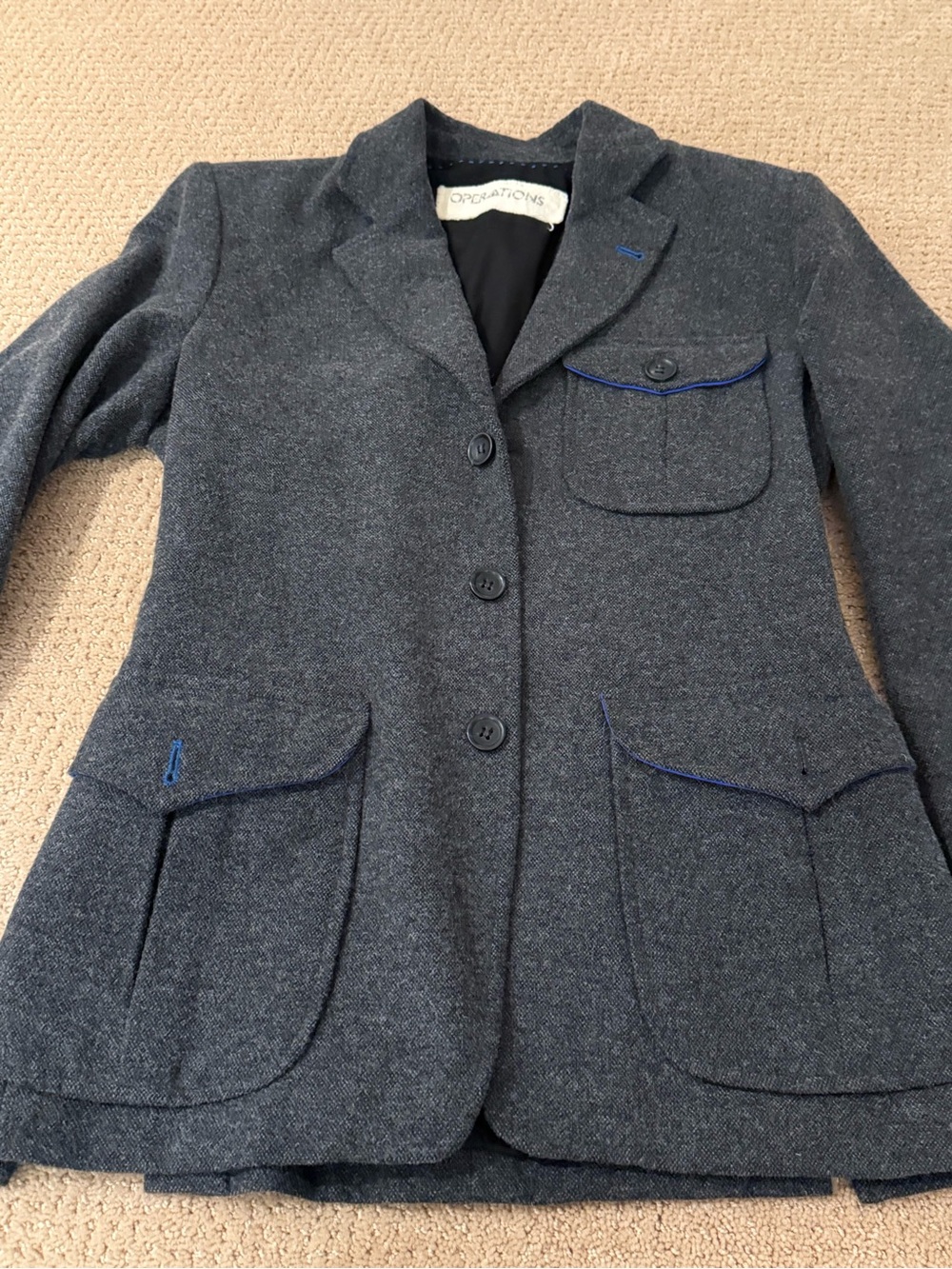 Men's Charcoal Gray Wool-Blend Pea Coat with Blue Trim